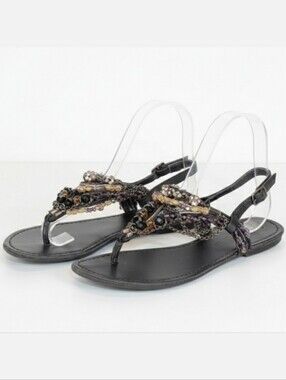 Zigi Soho Beaded Thong Sandals Boho Embellished Strappy Black Flats Size 6.5